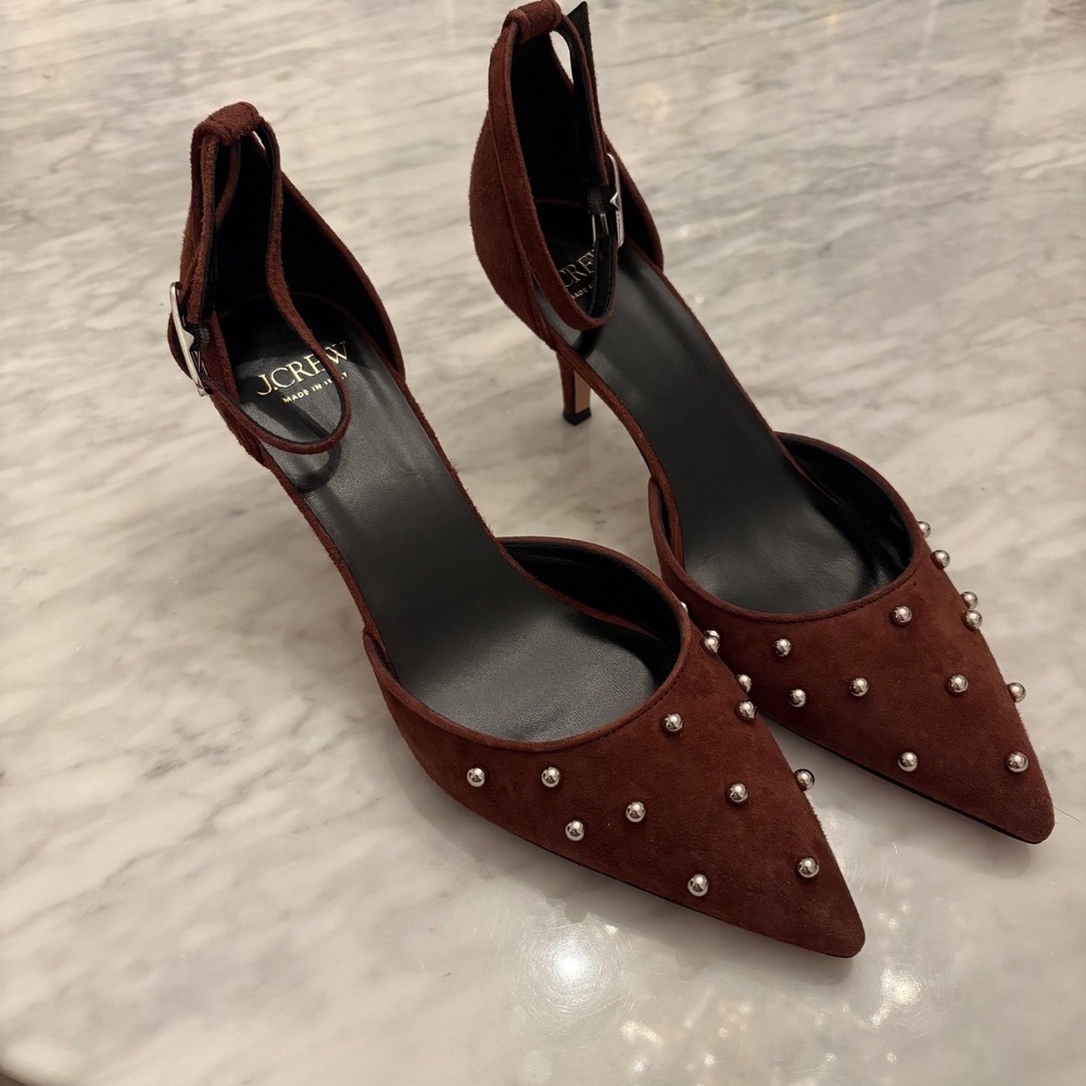 J. Crew Colette Burgundy Italian Suede Studded Slingback Heels Size 10M NWT - Picture 2 of 10